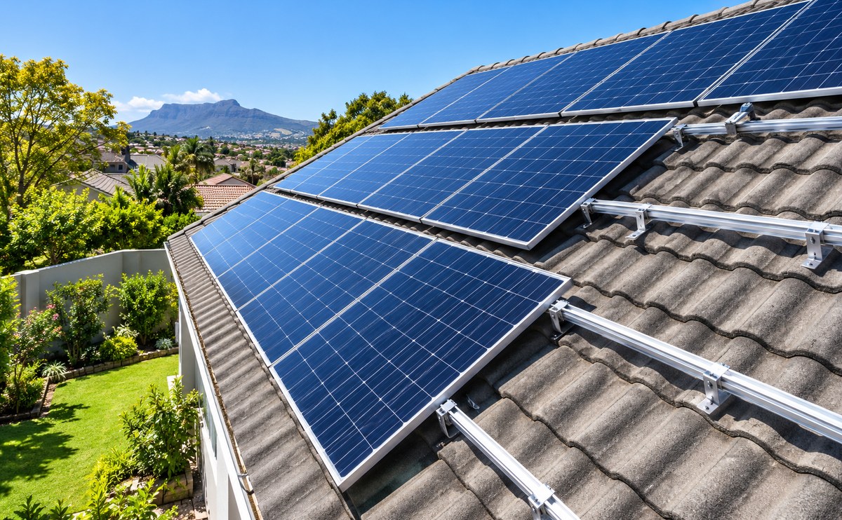 Solar panels being installed on a pitched tiled roof of a South African home, showing the roof rails and structure carry