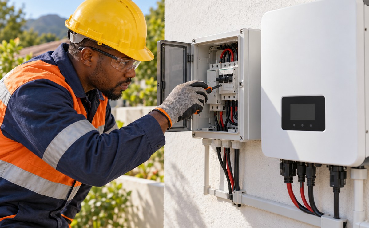 South African electrician in hard hat and gloves inspecting a solar inverter and circuit breaker isolator board after a