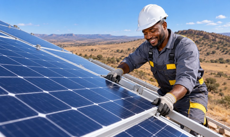 South African solar installer in white hard hat and grey overalls smiling while fitting a rooftop/ground-mount solar pan