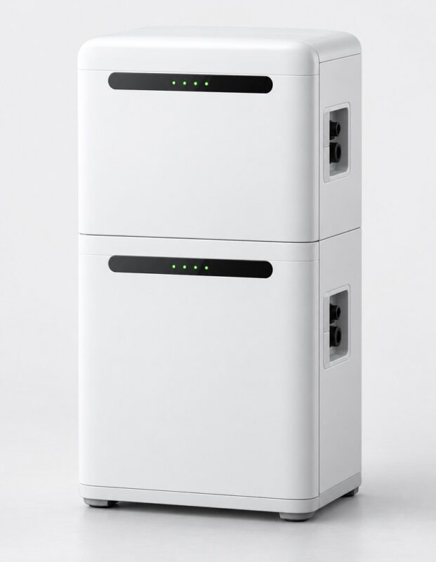 Stackable white wall-mounted home lithium battery 5kWh, generic and unbranded, studio product shot