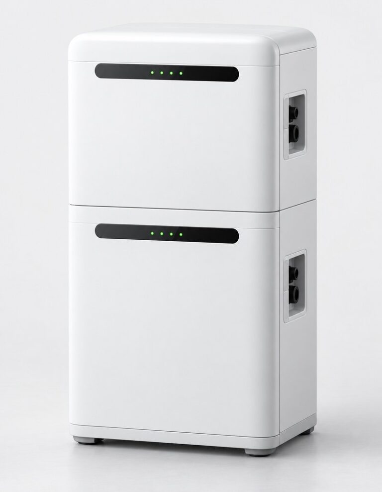 Stackable white wall-mounted home lithium battery 5kWh, generic and unbranded, studio product shot