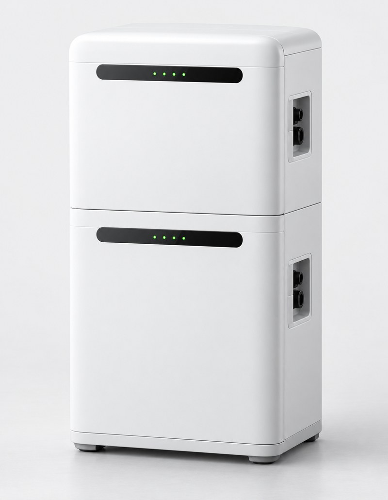 Stackable white wall-mounted home lithium battery 5kWh, generic and unbranded, studio product shot Stackable white wall-mounted home lithium battery 5kWh, generic and unbranded, studio product shot