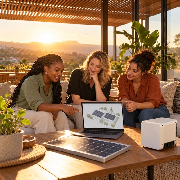 Three South African colleagues of varied backgrounds in a relaxed meeting reviewing a solar installation plan on a lapto