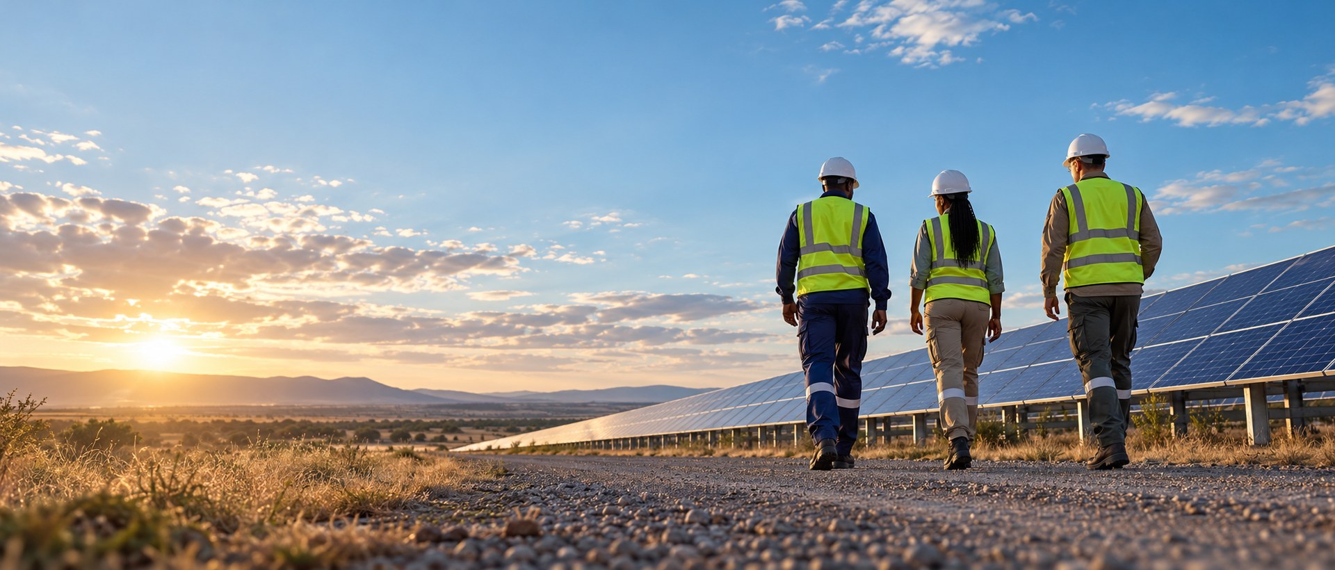 Three South African solar installers in hard hats and hi-vis vests walking away along a gravel path beside a long row of