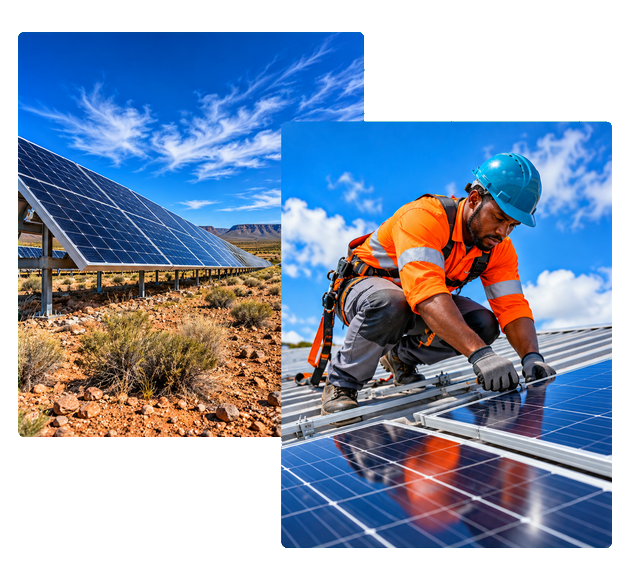 Two-part collage of South African solar installation: a large ground-mounted solar array under a blue sky on the left, a