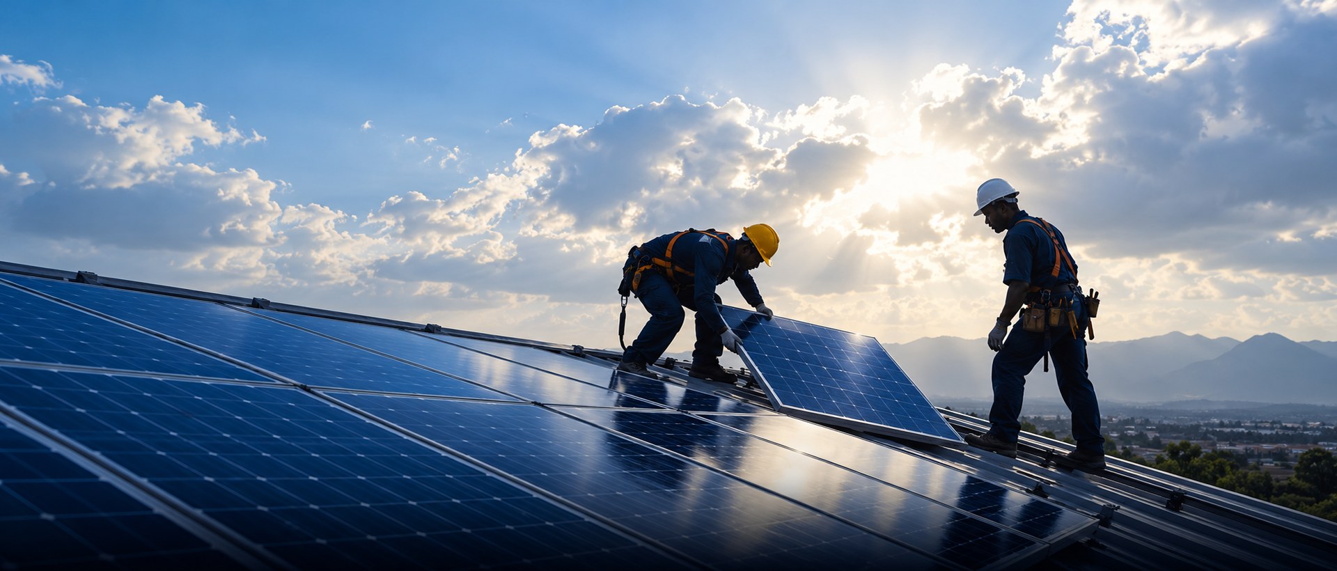 Two South African solar installers fitting panels onto a corrugated roof against a bright cloudy sky
