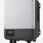 Unbranded 5kW grid-tie solar inverter with grey and dark charcoal casing and blank display, angled view