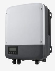 Unbranded 5kW grid-tie solar inverter with grey and dark charcoal casing and blank display, angled view
