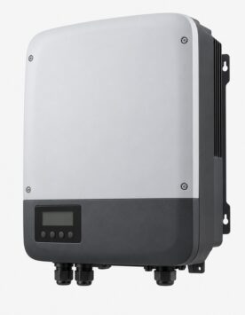 Unbranded 5kW grid-tie solar inverter with grey and dark charcoal casing and blank display, angled view