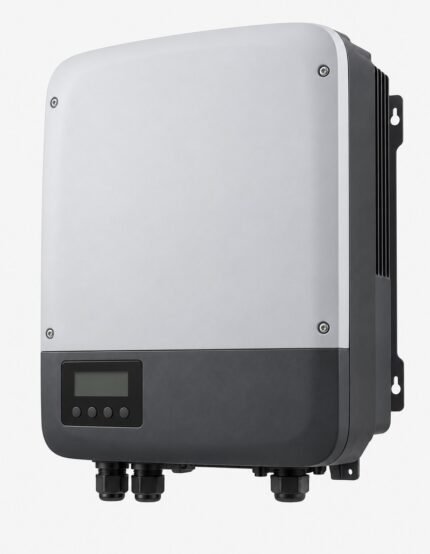 Unbranded 5kW grid-tie solar inverter with grey and dark charcoal casing and blank display, angled view