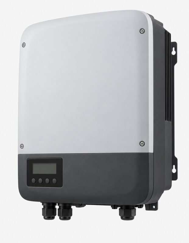 Unbranded 5kW grid-tie solar inverter with grey and dark charcoal casing and blank display, angled view
