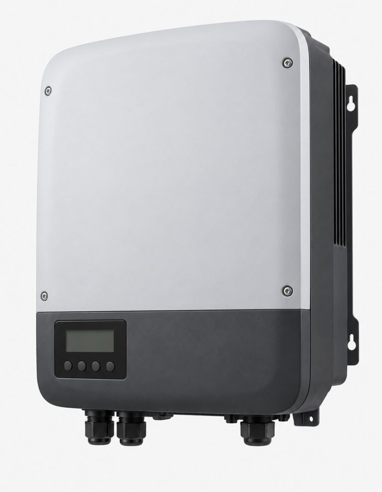 Unbranded 5kW grid-tie solar inverter with grey and dark charcoal casing and blank display, angled view