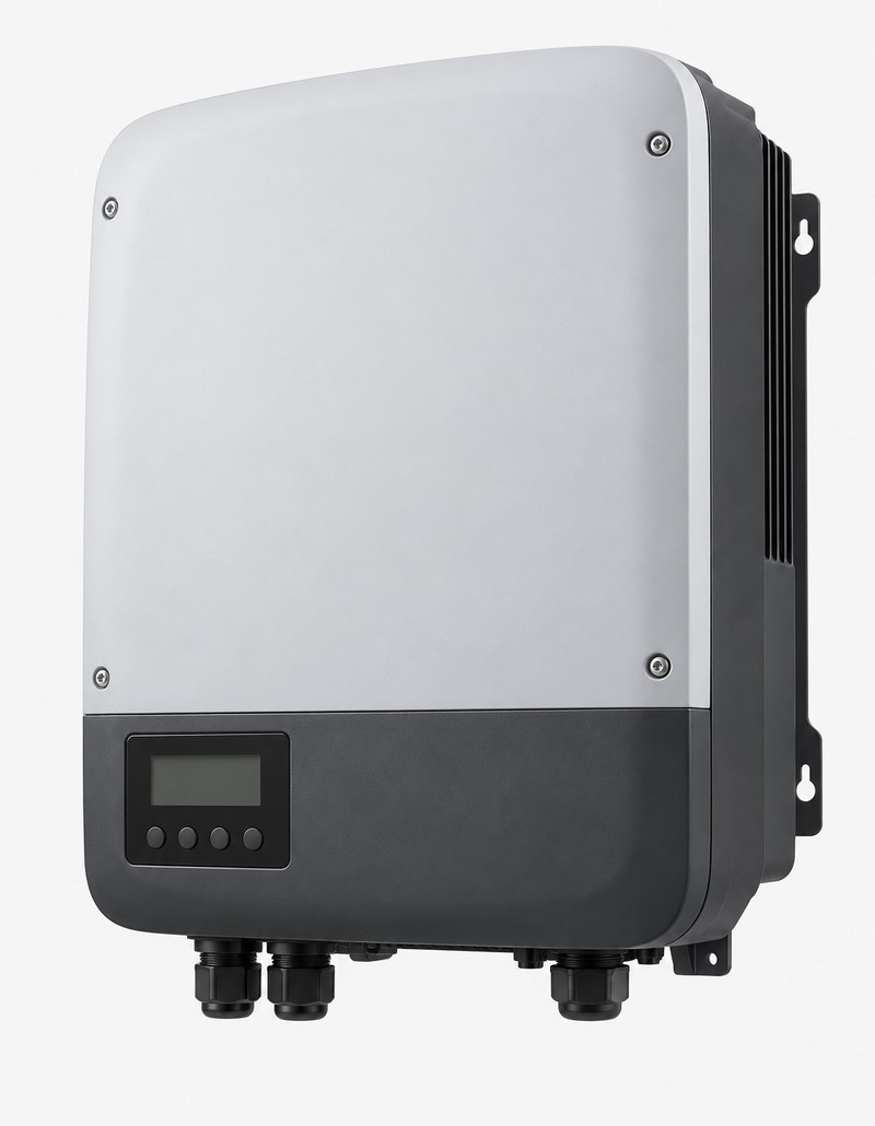 Unbranded 5kW grid-tie solar inverter with grey and dark charcoal casing and blank display, angled view Unbranded 5kW grid-tie solar inverter with grey and dark charcoal casing and blank display, angled view