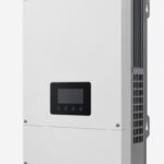 Unbranded 8kW hybrid solar inverter, wall-mounted white enclosure with blank display, three-quarter view