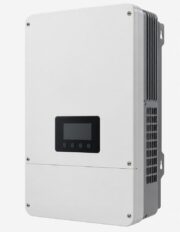 Unbranded 8kW hybrid solar inverter, wall-mounted white enclosure with blank display, three-quarter view
