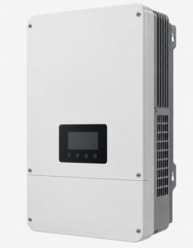 Unbranded 8kW hybrid solar inverter, wall-mounted white enclosure with blank display, three-quarter view