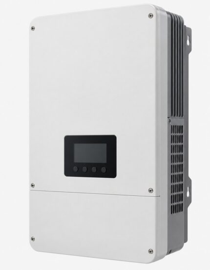 Unbranded 8kW hybrid solar inverter, wall-mounted white enclosure with blank display, three-quarter view
