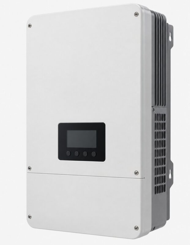 Unbranded 8kW hybrid solar inverter, wall-mounted white enclosure with blank display, three-quarter view