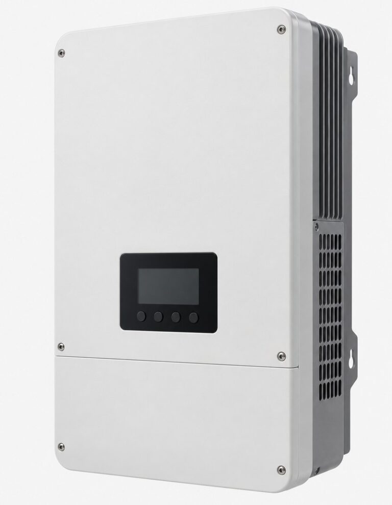 Unbranded 8kW hybrid solar inverter, wall-mounted white enclosure with blank display, three-quarter view