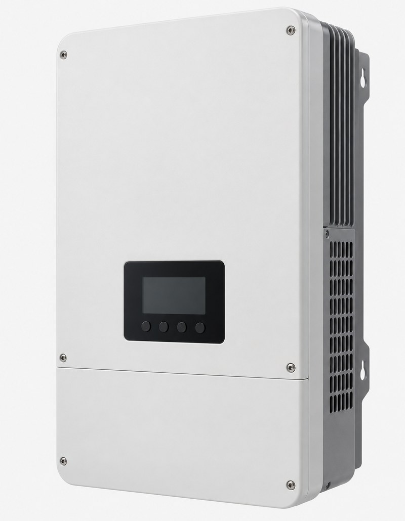 Unbranded 8kW hybrid solar inverter, wall-mounted white enclosure with blank display, three-quarter view Unbranded 8kW hybrid solar inverter, wall-mounted white enclosure with blank display, three-quarter view