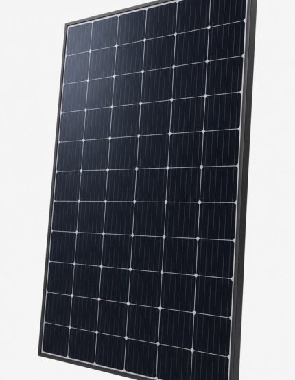 Unbranded monocrystalline 450W solar panel with black frame, shown at a slight angle on a light grey studio background
