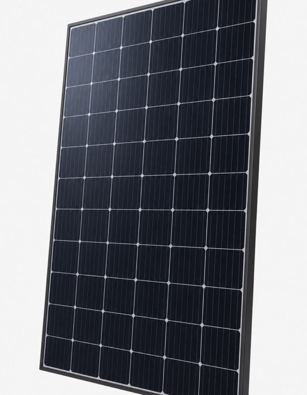 Unbranded monocrystalline 450W solar panel with black frame, shown at a slight angle on a light grey studio background