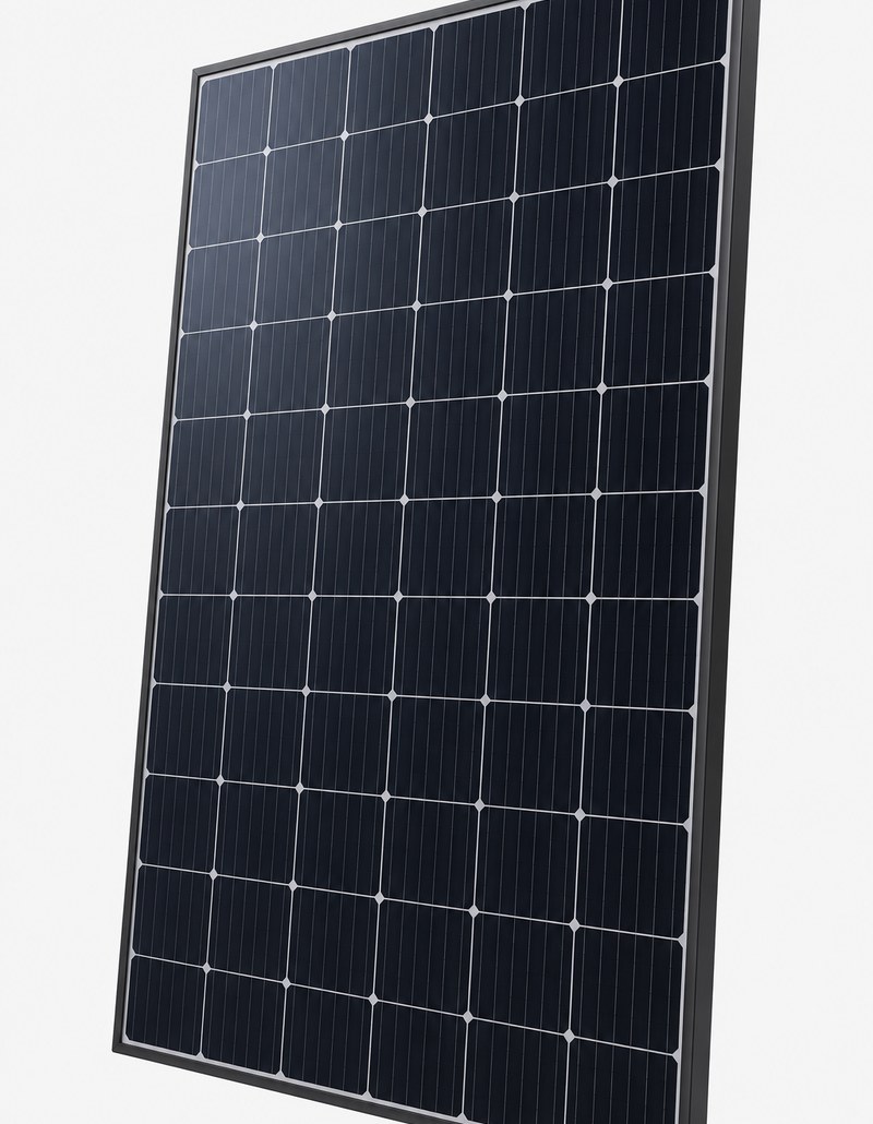Unbranded monocrystalline 450W solar panel with black frame, shown at a slight angle on a light grey studio background Unbranded monocrystalline 450W solar panel with black frame, shown at a slight angle on a light grey studio background