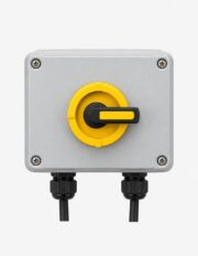 Unbranded rooftop DC isolator box, compact weatherproof enclosure with rotary isolator switch and cable glands, front vi