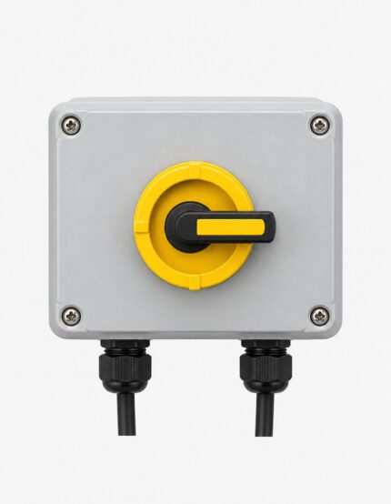 Unbranded rooftop DC isolator box, compact weatherproof enclosure with rotary isolator switch and cable glands, front vi