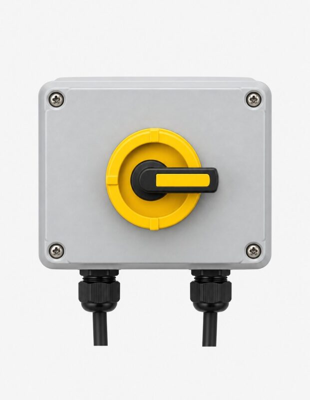 Unbranded rooftop DC isolator box, compact weatherproof enclosure with rotary isolator switch and cable glands, front vi
