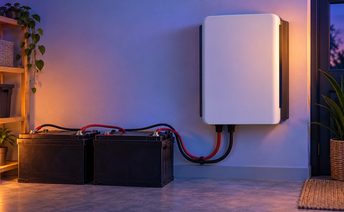 Wall-mounted unbranded lithium battery next to a stack of lead-acid batteries for comparison
